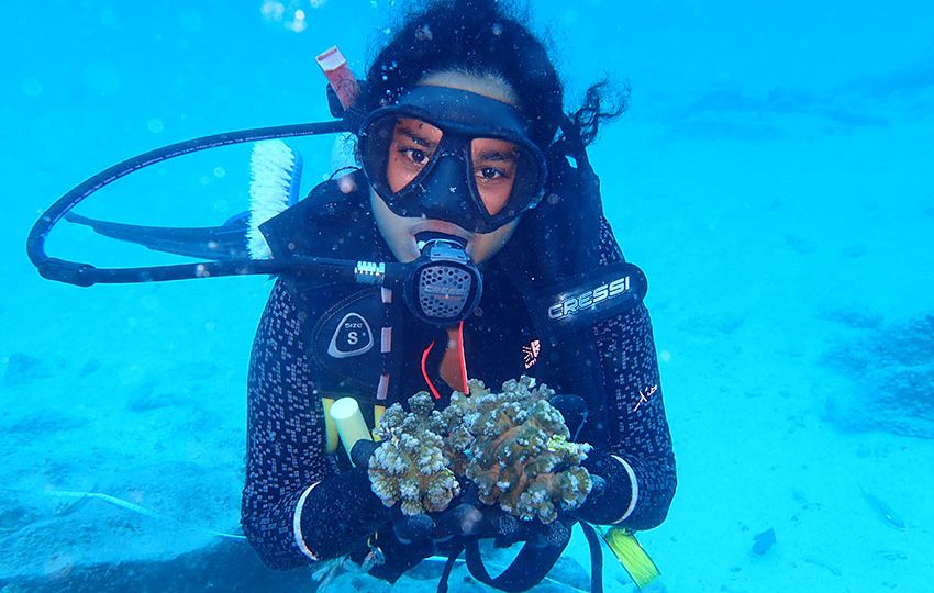 Athina holding corals colonies for outplanting at Athinopora